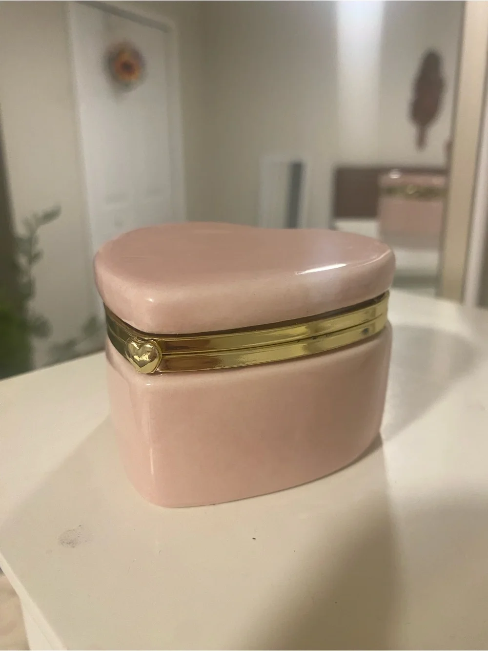 Pink Heart Shaped Trinket Box with Gold Trim